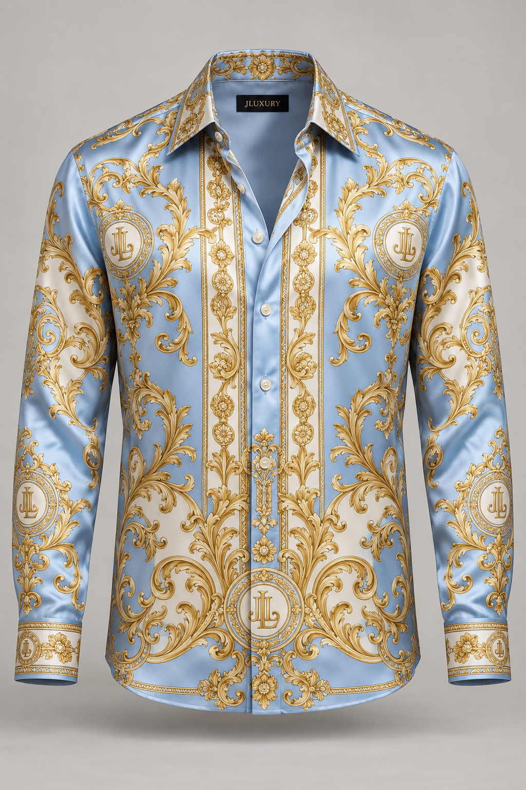 JLUXURY Men’s Baroque Monogram Long Sleeve Satin Shirt