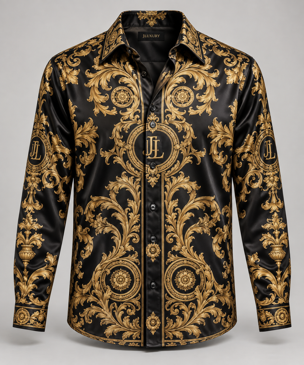 JLUXURY Men’s Baroque Monogram Long Sleeve Satin Shirt