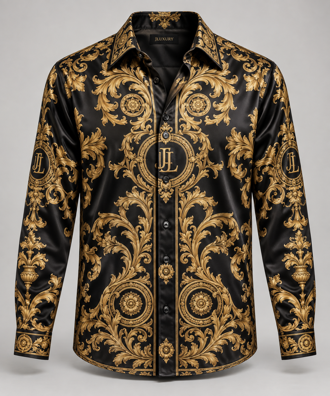 JLUXURY Men’s Baroque Monogram Long Sleeve Satin Shirt