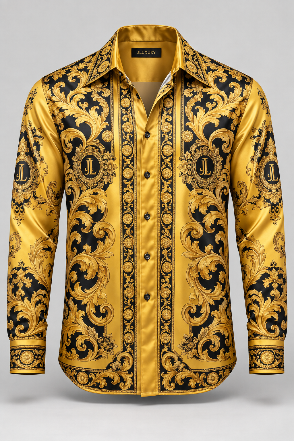 JLUXURY Men’s Baroque Monogram Long Sleeve Satin Shirt