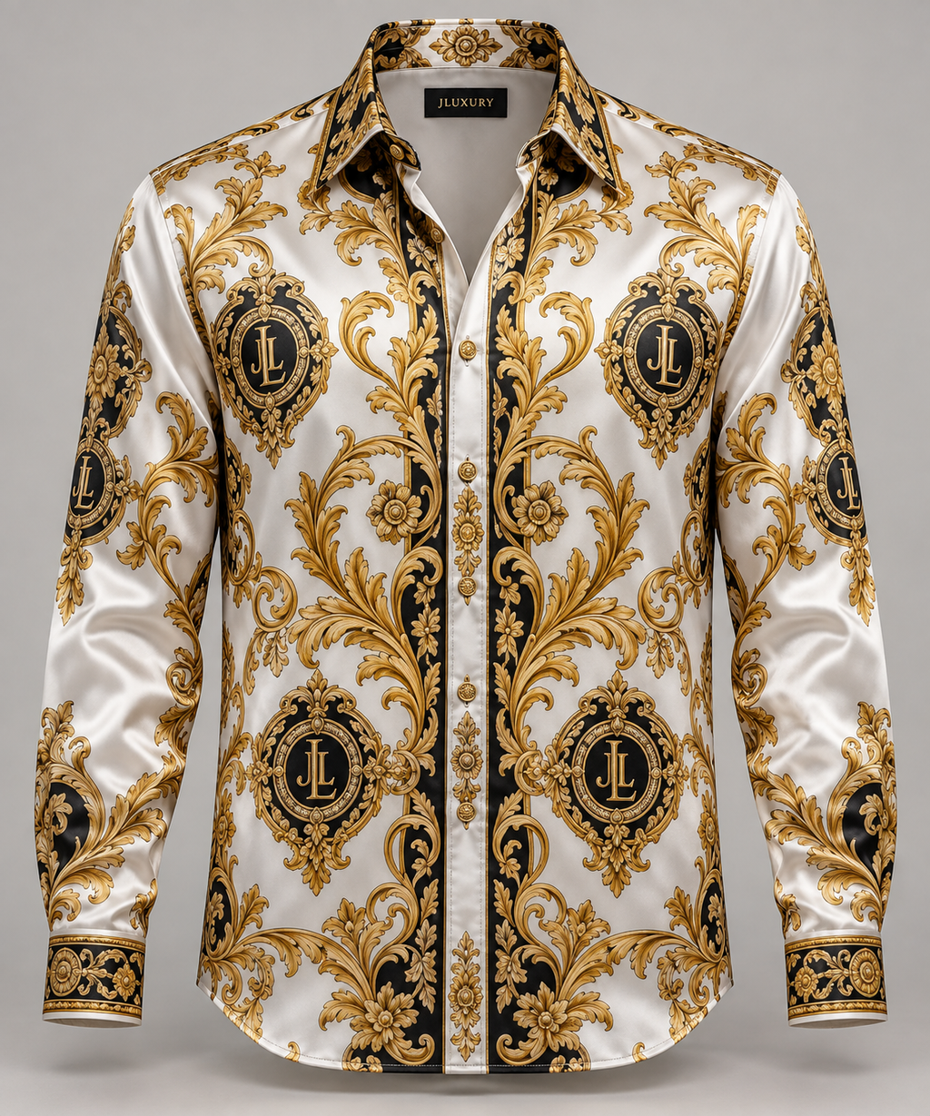 JLUXURY Men’s Baroque Monogram Long Sleeve Satin Shirt