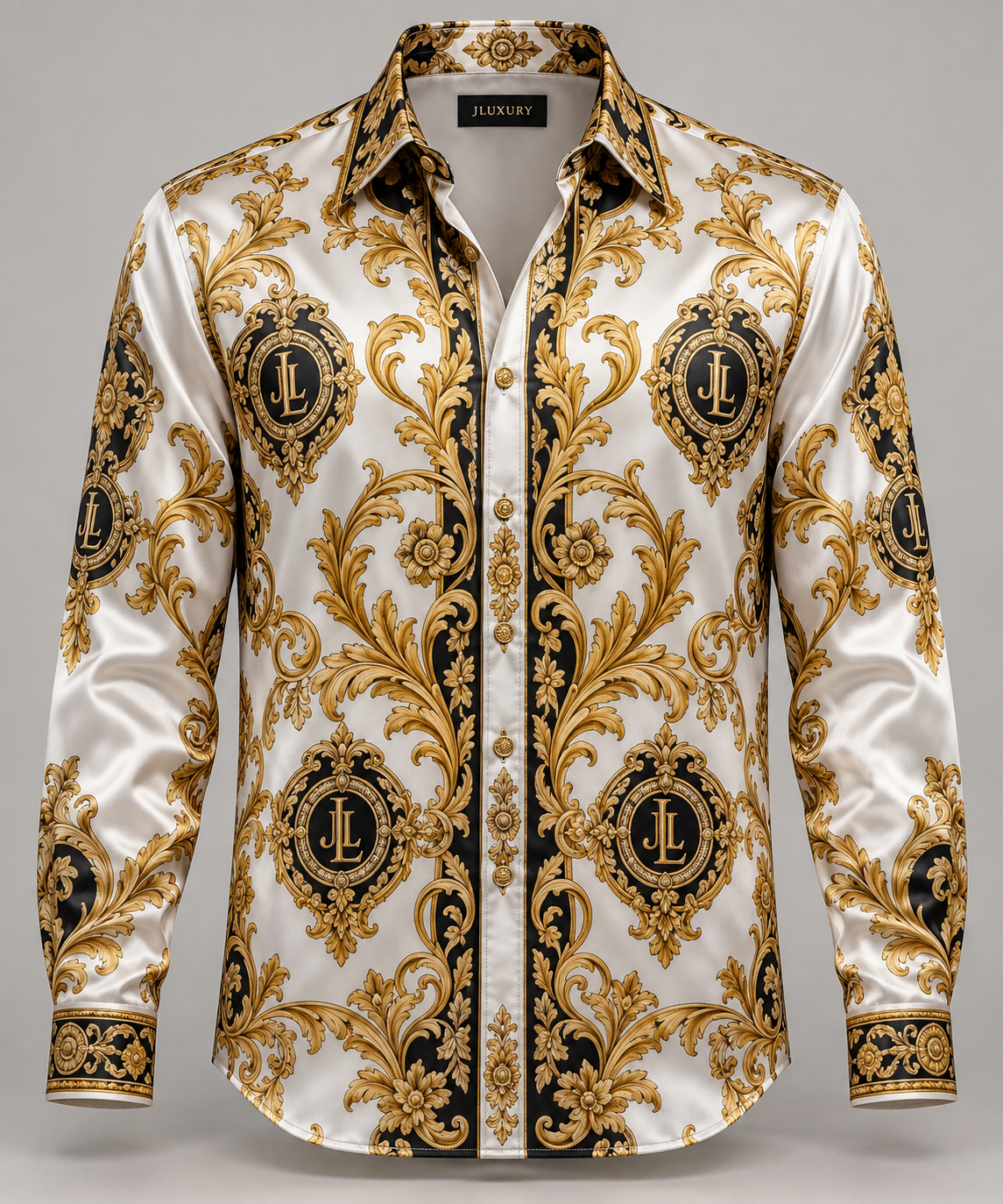 JLUXURY Men’s Baroque Monogram Long Sleeve Satin Shirt